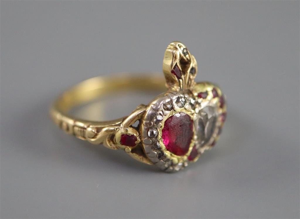 A 19th century 18ct gold, foil backed garnet? and diamond set twin hearts ring,